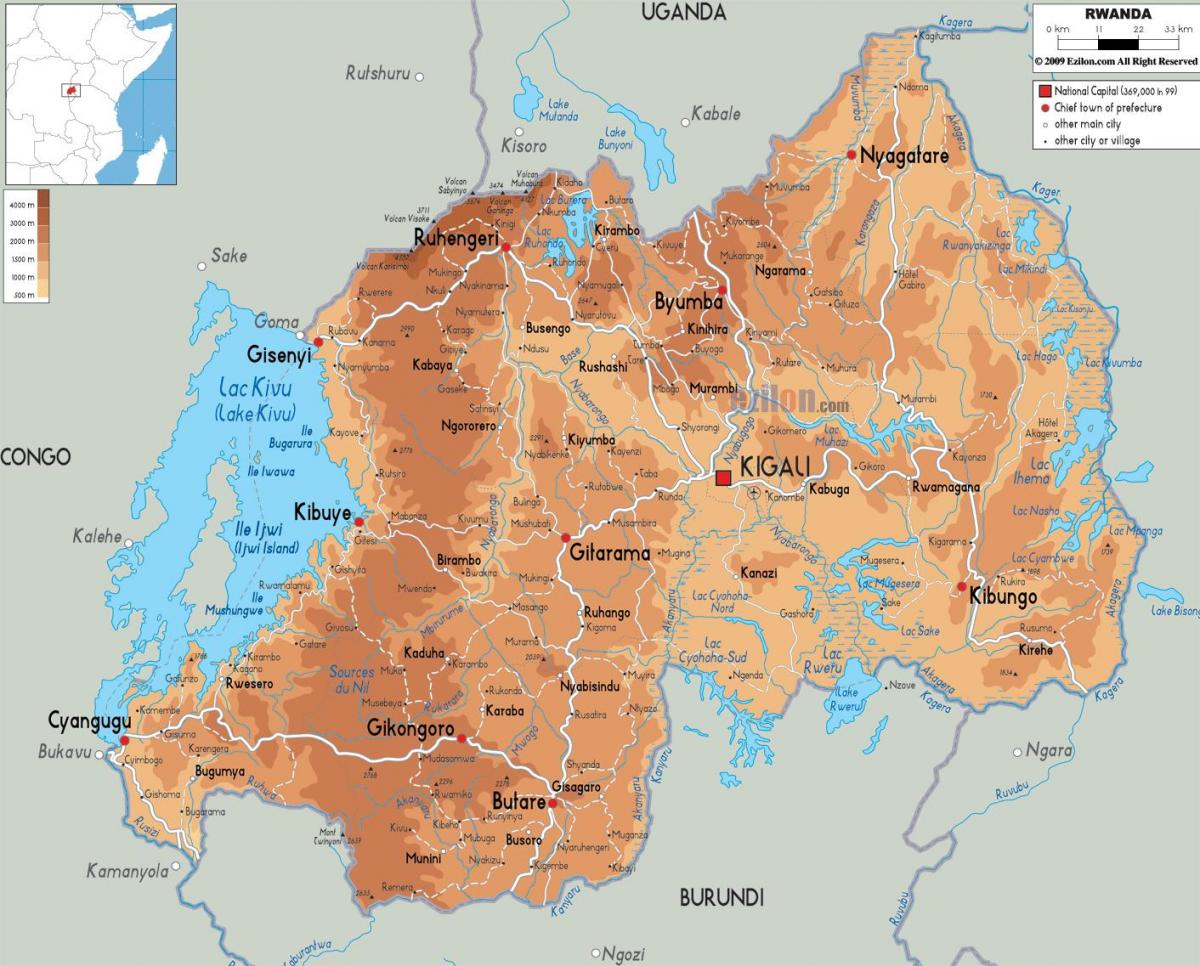 kaart van die fisiese kaart van Rwanda