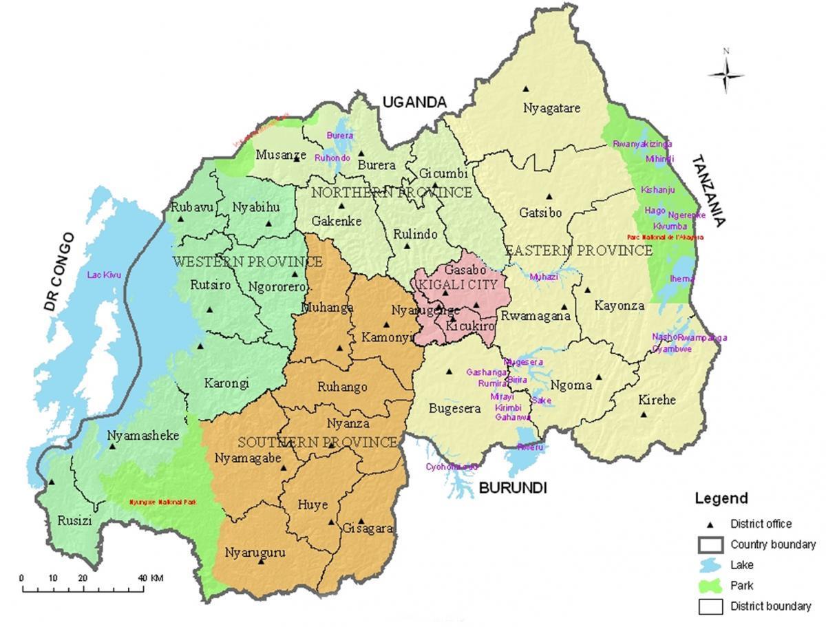 kaart van Rwanda met distrikte en sektore